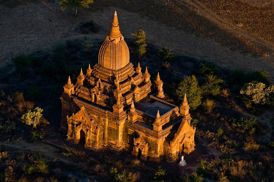 Myanmar (Burma), Mandalay State, Bagan (Pagan), Old Bagan, view from an hot-air balloon, the old capital of the Pagan Kingdom founded in 849 shelters an extraordinary archeological site of hundred pagodas and brick stupas built between the 10th and 13th c