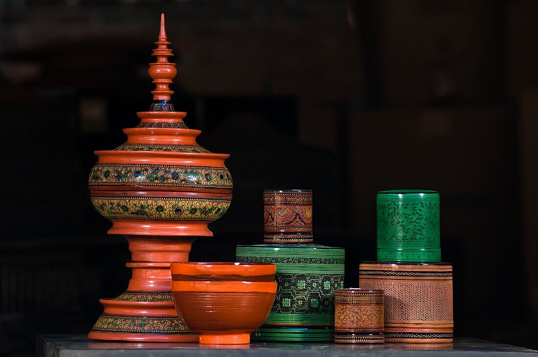 Myanmar (Burma), Mandalay State, Bagan (Pagan), Old Bagan, Ever Stand gloss paint workshop, offering bowls (in stupa shape) intended to monks or Buddha and betel nuts boxes
