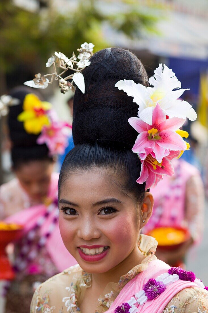 Thailand,Chiang Mai,Portrait of Girl in Traditional Thai Costume at the Chiang Mai Flower Festival