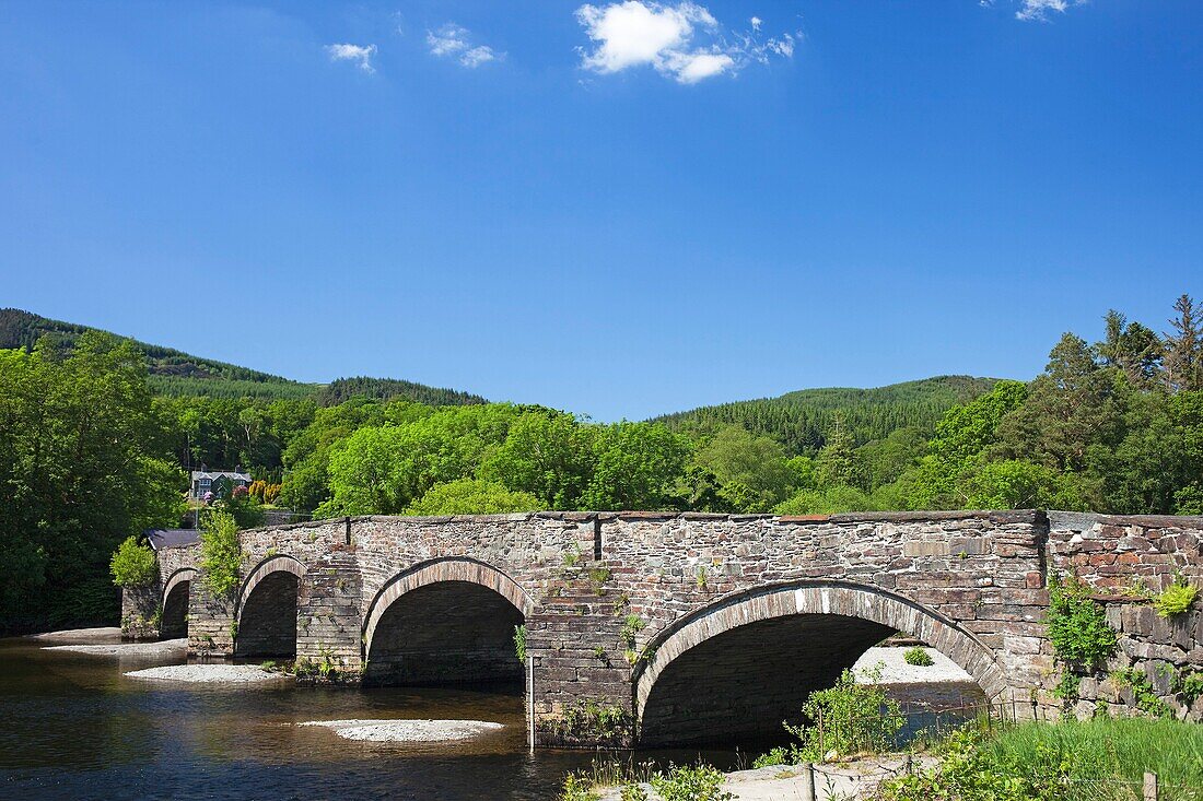 Wales,Gwynedd,Snowdonia National Park,River and Stone Arched Bridge