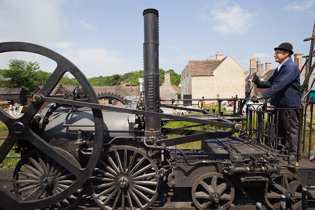England,Shropshire,Ironbridge Gorge,Coalport,Blists Hill Victorian Town Museum,Replica of Richard Trevithick's Coalbrookdale Locomotive
