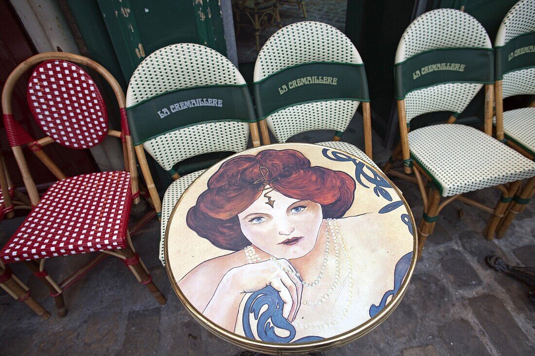 France,Paris,Montmartre,Detail of Table and Chairs at and Outdoor Cafe