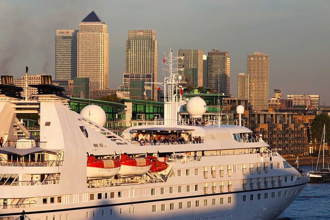 England,London,Cruise Ship and Docklands Skyline