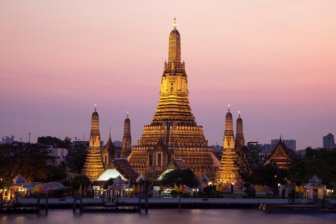 Thailand,Bangkok,Wat Arun and Chao Phraya River at Sunset