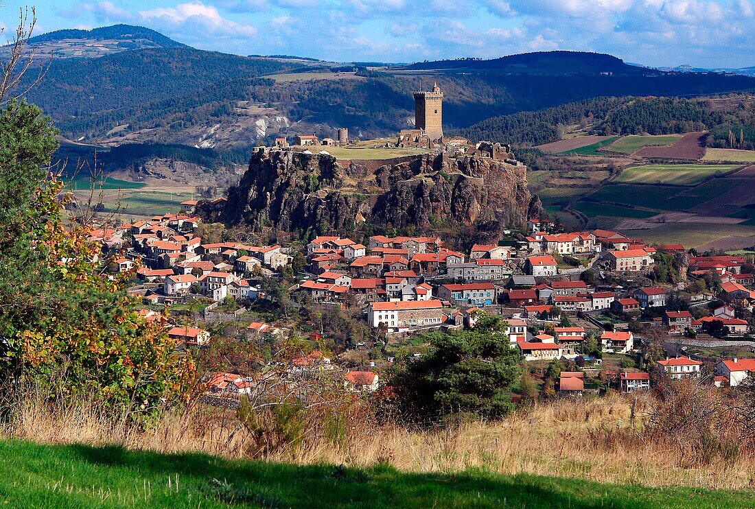 France, Haute-Loire (43), Polignac medieval village, dominated by the fortress of Polignac, listed building, views of the Monts du Velay