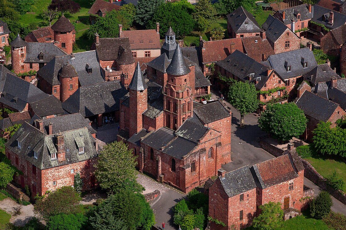 France, Correze (19), Collonges-la-Rouge, a village labeled The Most Beautiful Villages of France, St. Peter Church of the fifteenth century, (aerial view)