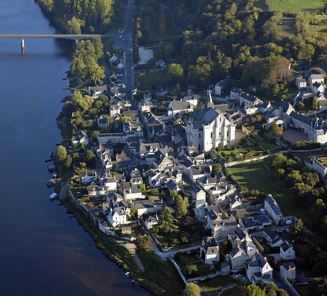 France, Indre-et-Loire (37), Candes-Saint-Martin labeled the most beautiful villages in France, St Martin Collegiate fortified thirteenth century historical monument, the Loire Valley, (aerial view)