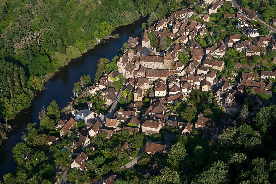 France, Lot (46), Village Carennac labeled the Most Beautiful Villages of France, Cluniac priory (eleventh century), medieval village (aerial view)