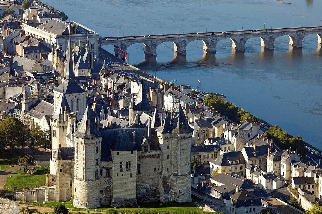 France, Maine et Loire (49), the city of Saumur, Loire Valley, the chateau (fifteenth century) is classified a historical monument, (aerial view)