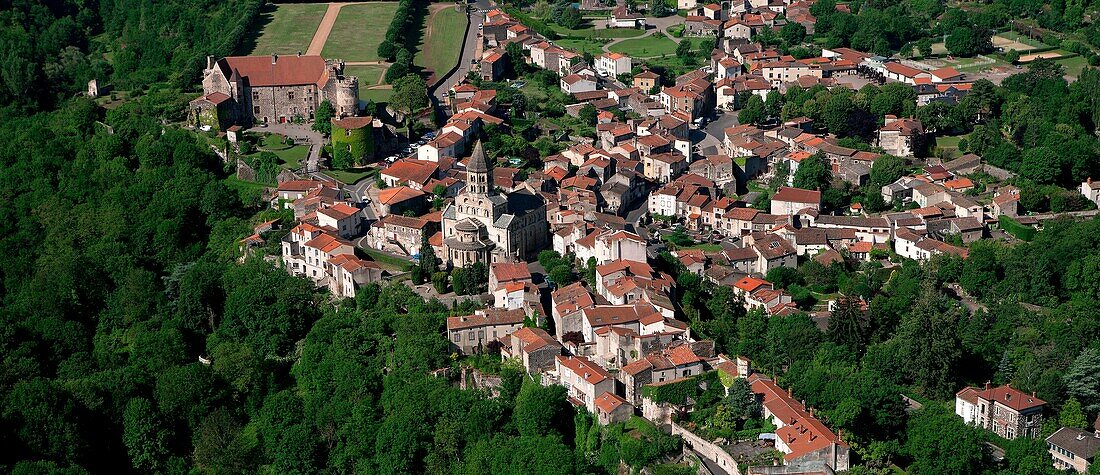 France, Puy de Dome (63), Saint-Saturnin, labeled The Most Beautiful Villages of France, dominated by the castle of the thirteenth century Romanesque church Auvergne, (aerial view)