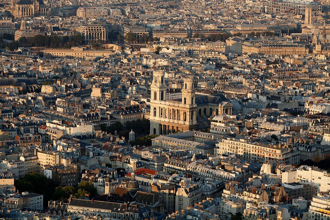 Aerial view of Paris : left bank district around Saint Sulpice basilica Paris. France.