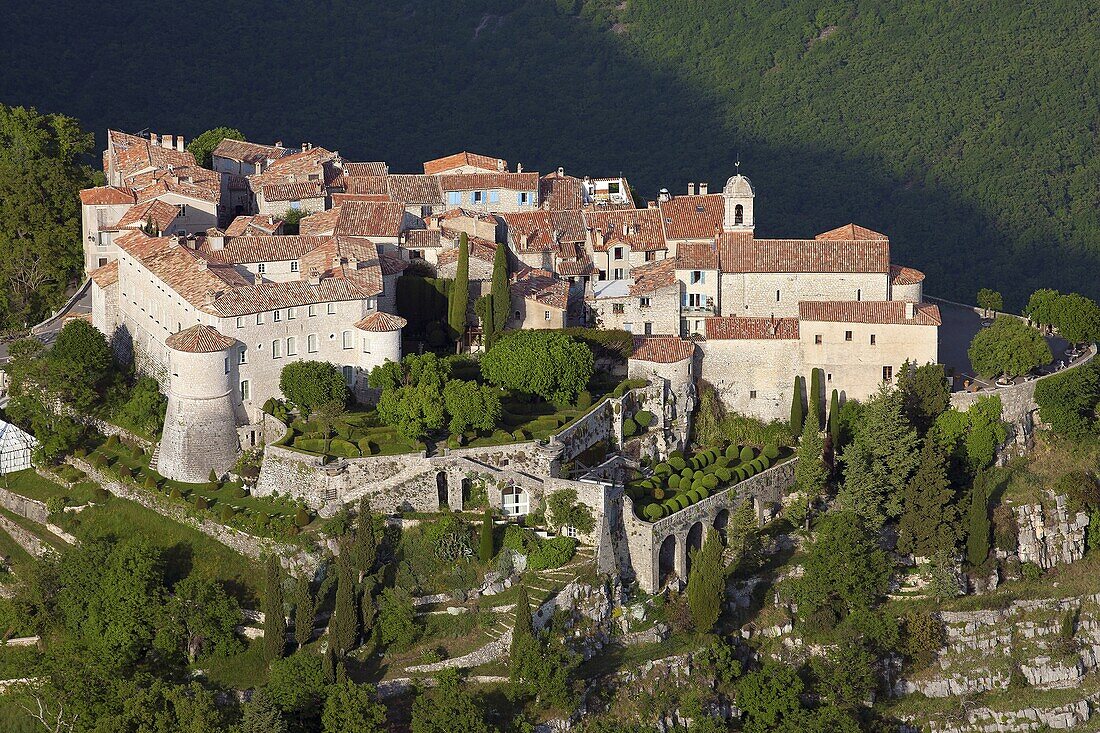 France, Alpes-Maritime (06), Gourdon perched village, labeled The Most Beautiful Villages of France (aerial photo)