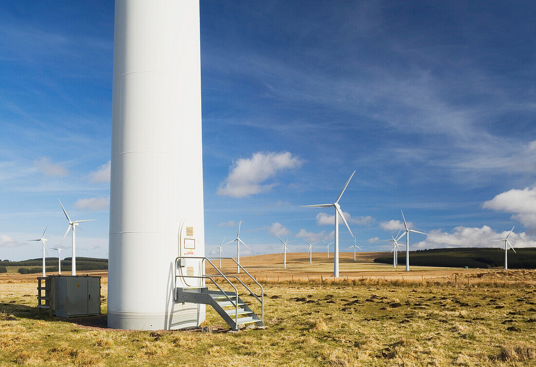 The base of one of the wind turbines at Dun Law wind farm, near Edinburgh, Scotland, UK., Wind farm, Dun Law, near Edinburgh, Scotland.