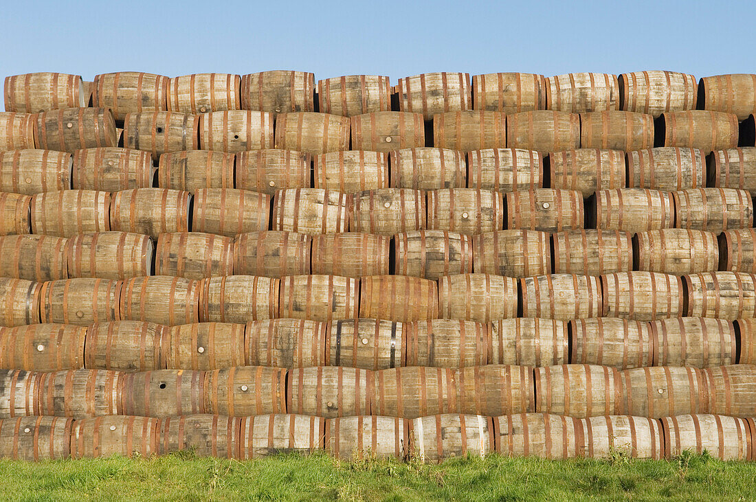 Pile of whisky barrels outside a warehouse near Alloa, Clackmannanshire, Scotland, UK., Whisky barrels, Clackmannanshire, Scotland.