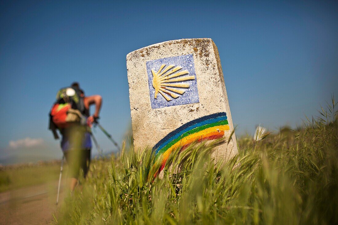 Pilgrim and marker with rainbow along the Camino de Santiago
