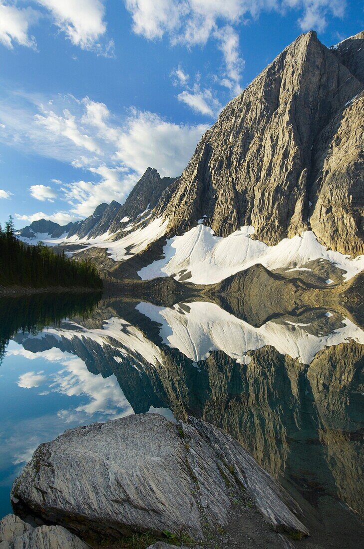 The Rockwall mirrored in Floe Lake, Kootenay National Park British Columbia Canada