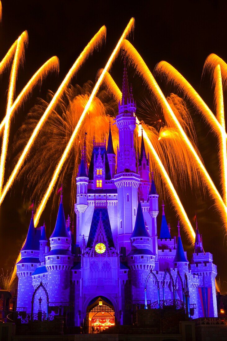 Wishes fireworks show with Cinderella Castle behind, Magic Kingdom, Walt Disney World, Orlando, Florida USA