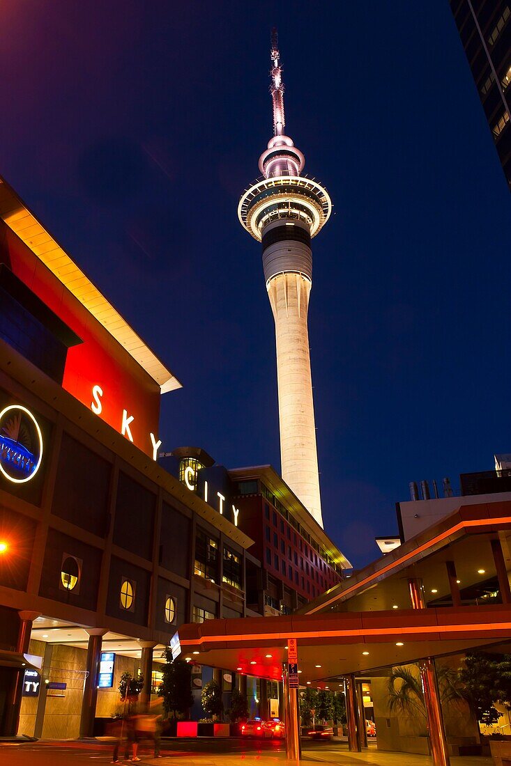 The Sky City entertainment complex with the Sky Tower tallest free-standing structure in the Southern Hemisphere above, Central Business District, Auckland, New Zealand
