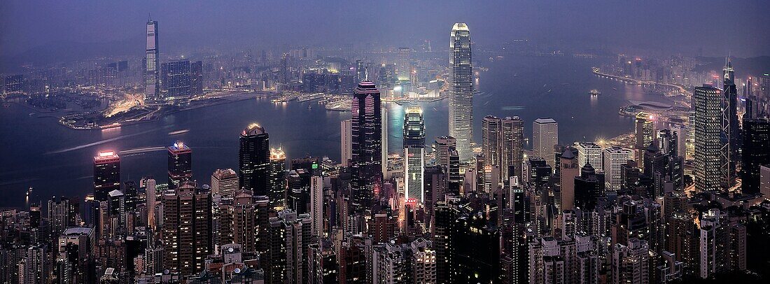 The skyline of Hong Kong and Kowloon viewed from the Peak, Hong Kong, China