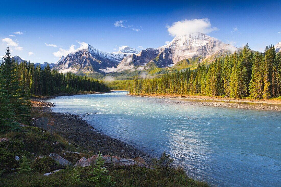 Athabasca River and mountain scenery in the Jasper National Park, Alberta, Canada