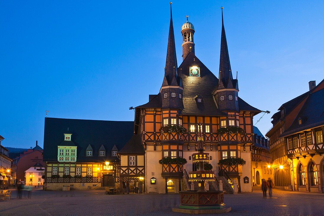 The historic town hall and the market square in Wernigerode at night, Saxony-Anhalt, Germany, Europe