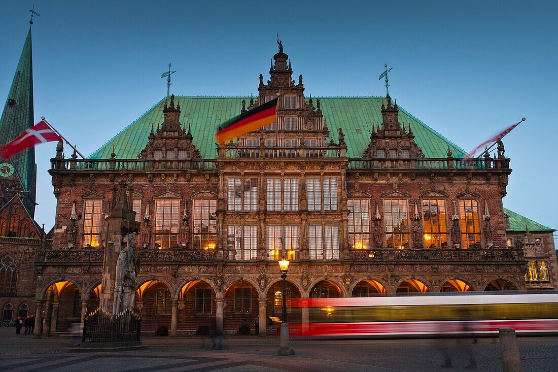 The mediaeval town hall in Bremen and tram, Germany, Europe