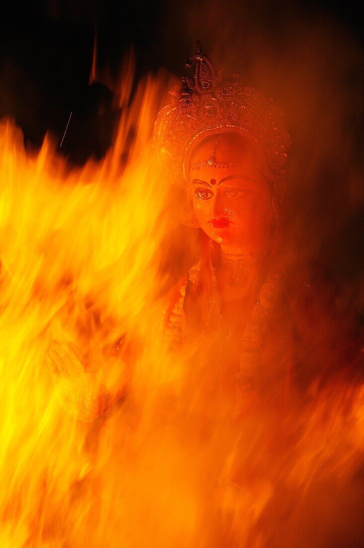 India, Uttar Pradesh, Holi festival, Colour and spring festival celebrating the love between Krishna and Radha, Holika Dahan : The Holi bonfire