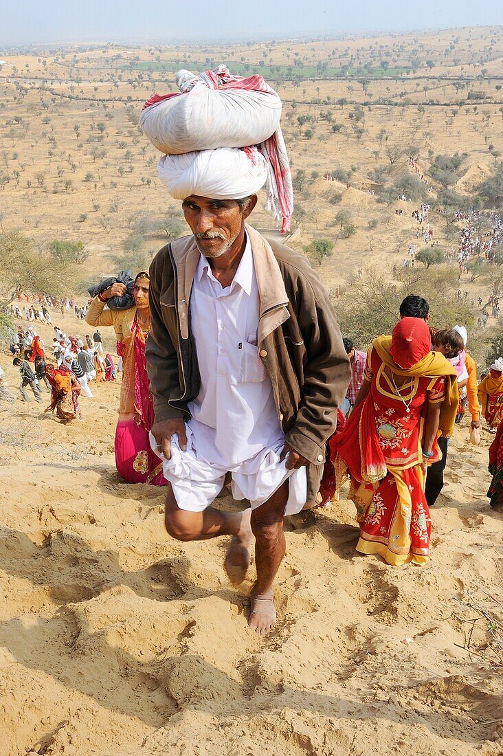 India, Rajasthan, Mukam surroundings, Jambeshwar festival, Bishnoi pilgrims climbing Samrathal dune