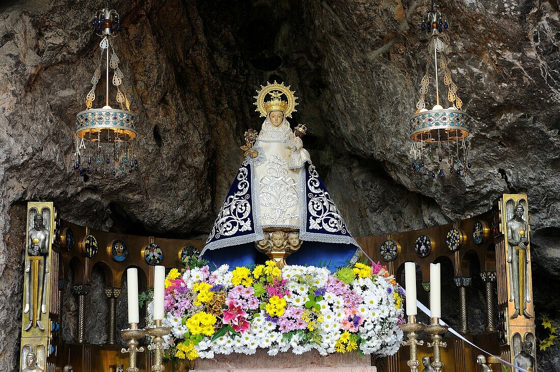 Spain, Asturias, Picos de Europa National Park, Covadonga, Statue of the virgin Mary   Legend has it that in the 8th century, the Virgin blessed Asturian Christian forces with a well-timed signal to attack Spain´s Moorish conquerors, thereby taking the in