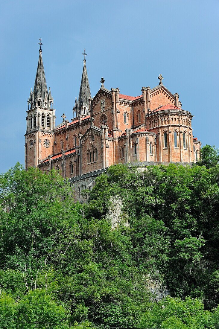 Spain, Asturias, Picos de Europa National Park, Covadonga, Basilica de Santa Maria la Real  Legend has it that in the 8th century, the Virgin blessed Asturian Christian forces with a well-timed signal to attack Spain´s Moorish conquerors, thereby taking t