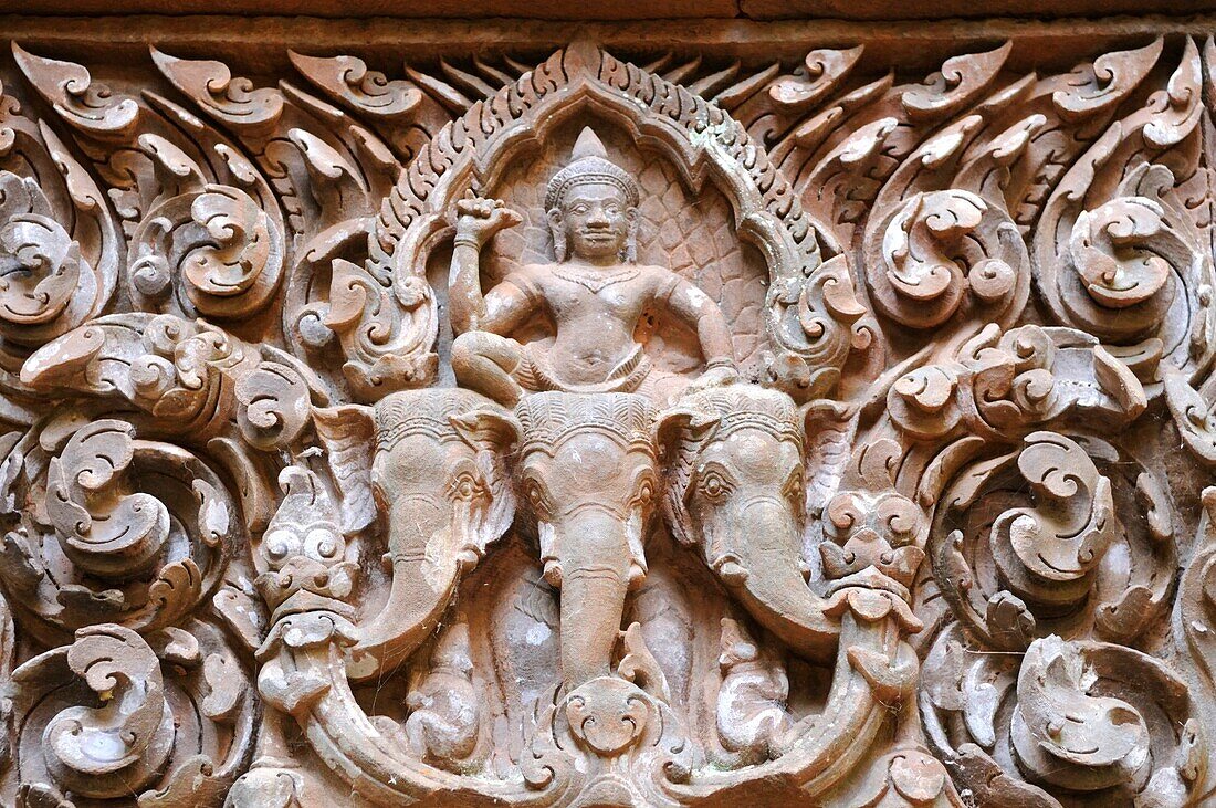 Laos, Champasak Province, Carving on a lintel at the entrance to the sanctuary at Wat Phu Champasak