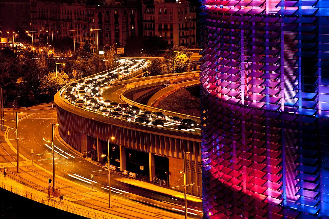 Torre Agbar or Agbar Tower a 142 metre skyscraper designer by architect Jean Nouvel located in Glorias Square Barcelona Spain