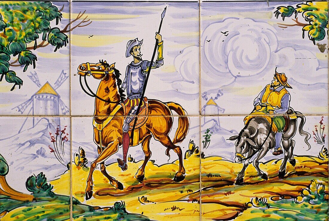 ceramics painting telling an episode of Don Quixote novel, Argamasilla de Alba, Province of Ciudad Real, autonomous community Castile-La Mancha, Spain, Europe