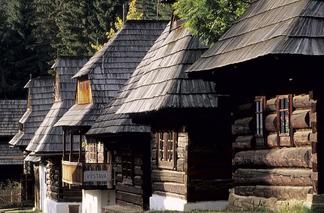 Traditional wooden houses in the open air museum representing village of Orava region Muzeum oravskej dediny Zuberec - Brestova, Slovakia