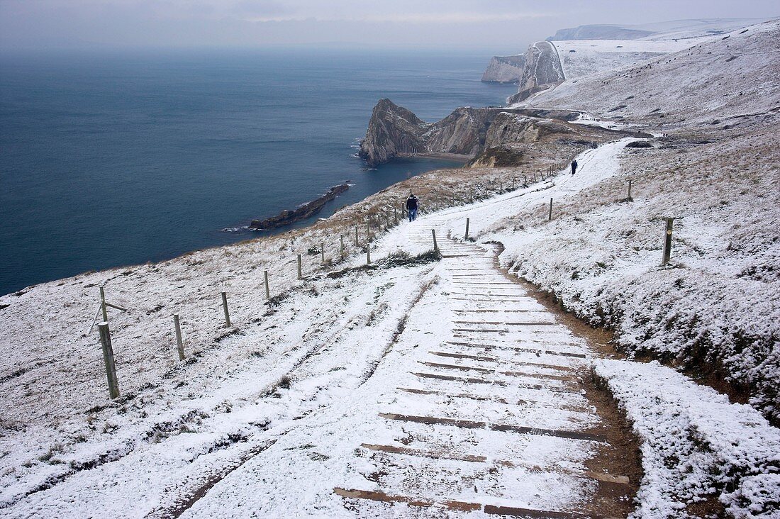 View along the snow covered Coastline between Lulworth and Durdle Door in the Distance