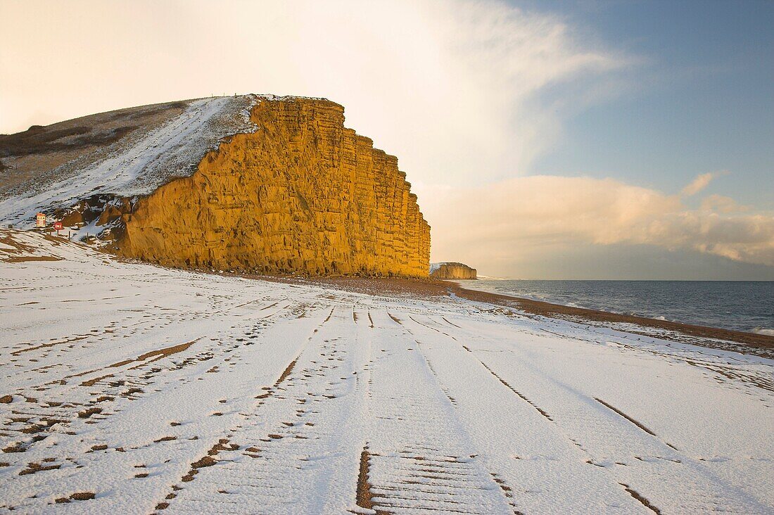 Snow covered Beach and Cliffs West Bay Dorset