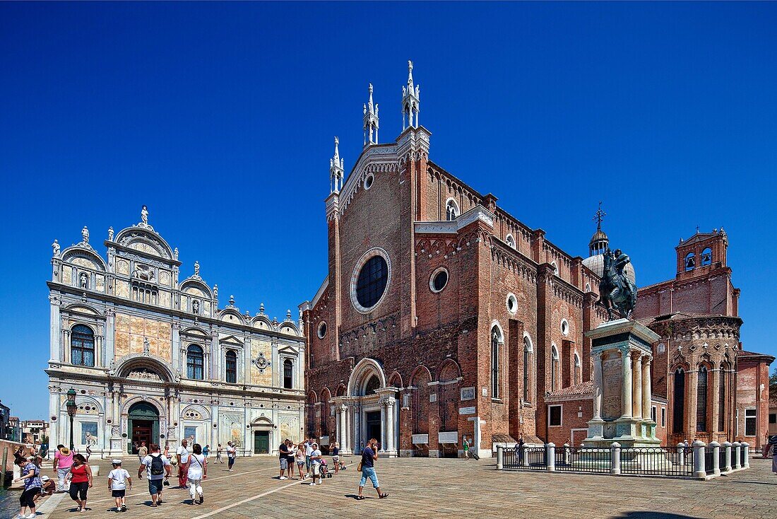 Hospital left, in Renaissance style and Basilica right, in Gothic style of San Giovanni e San Paolo, Castello, Venice, Italy