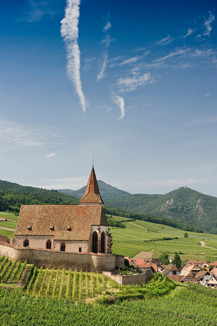 St Jacques Church with panoramic view and vineyards, Hunawihr, Alsace, France