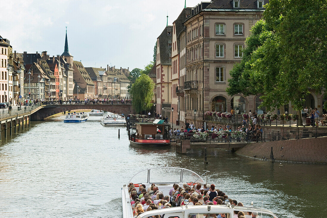Excursion boats on the river Ill, Strasbourg, Alsace, France