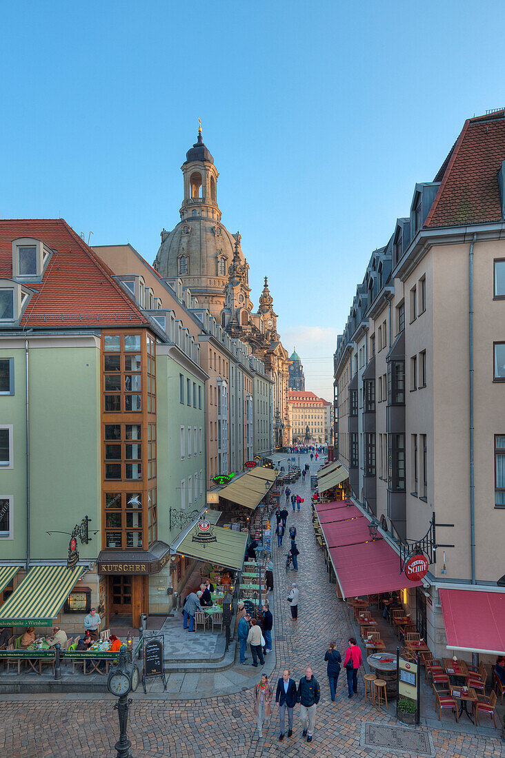 View of Muenzgasse with Frauenkirche, Dresden, Saxony, Germany, Europe