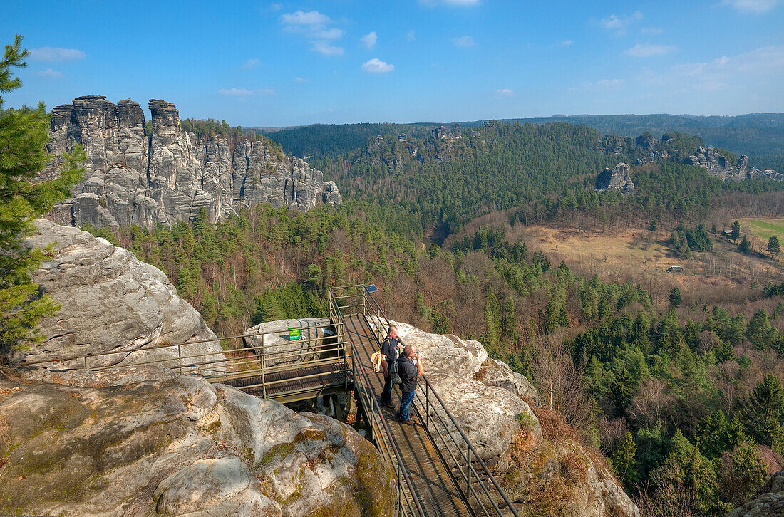 Blick vom Bastei Felsen auf Wald und Felsformationen, Elbsandsteingebirge, Sächsische Schweiz, Sachsen, Deutschland, Europa