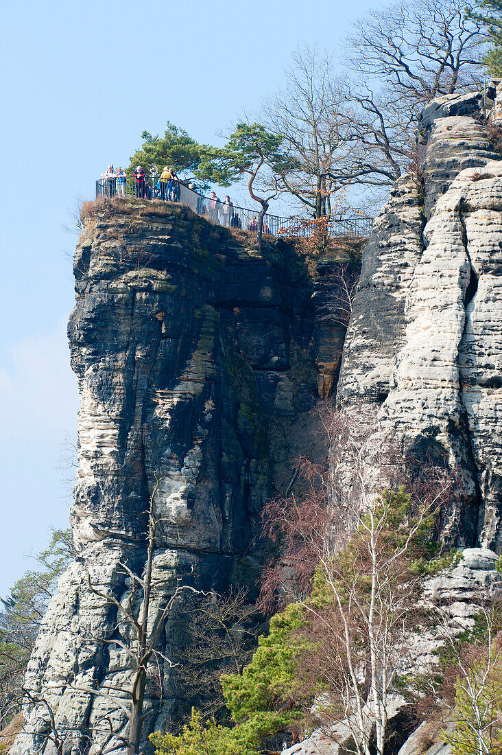 People on the Bastei rock, Elbe Sandstone mountains, Saxon Switzerland, Saxony, Germany, Europe