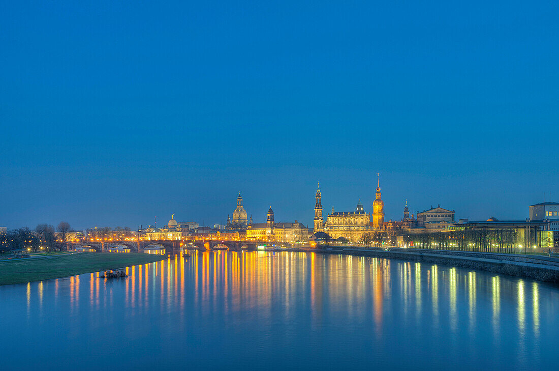 View at Frauenkirche, Dresden Castle, Hofkirche and Semper opera in the evening, Dresden, Saxony, Germany, Europe