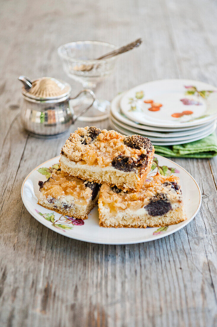 Apricot-poppy cake with crumbles, Upper Bavaria,  Bavaria, Germany