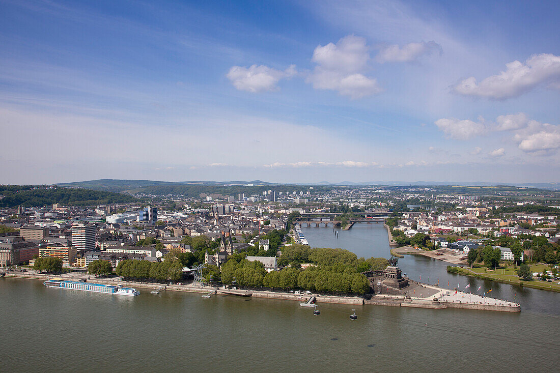 View from Ehrenbreitstein fortress to Deutsches Eck confluence of Rhine river and Moselle river with giant equestrian statue of German Emperor William I., Koblenz, Rhineland-Palatinate, Germany, Europe