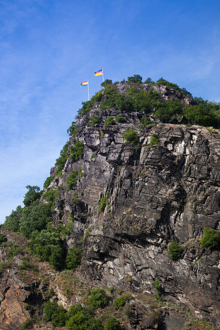 Low angle view of Loreley Rock, Sankt Goarshausen, Rhineland-Palatinate, Germany, Europe