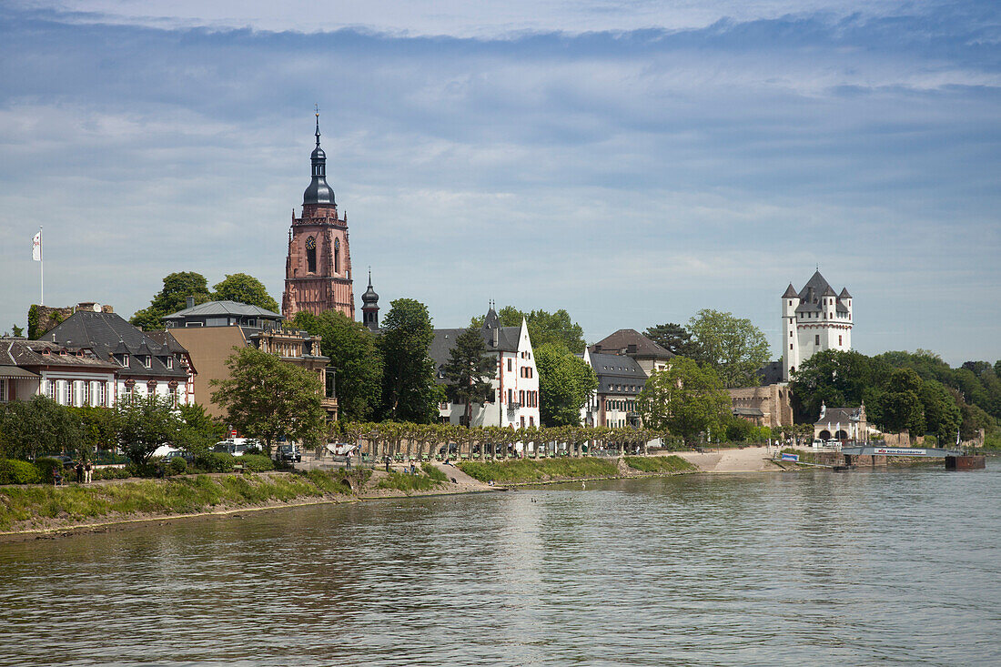 View of Rhine river and town of Eltville am Rhein, Hesse, Germany, Europe