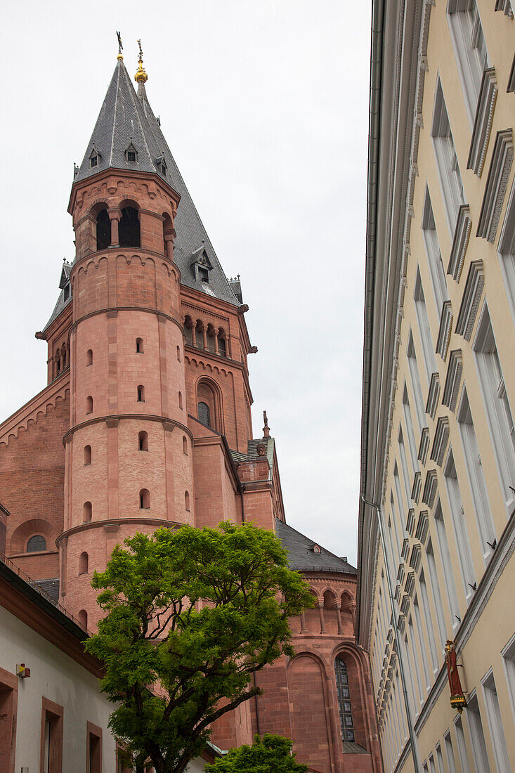 Low angle view of Mainz cathedral, Mainz, Rhineland-Palatinate, Germany, Europe