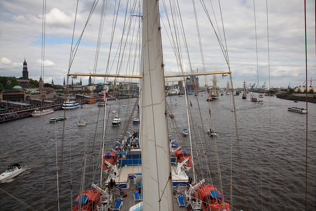 View from mast of sailing cruise ship Star Flyer on Elbe river as part of Hamburg harbour birthday celebrations, Hamburg, Germany, Europe