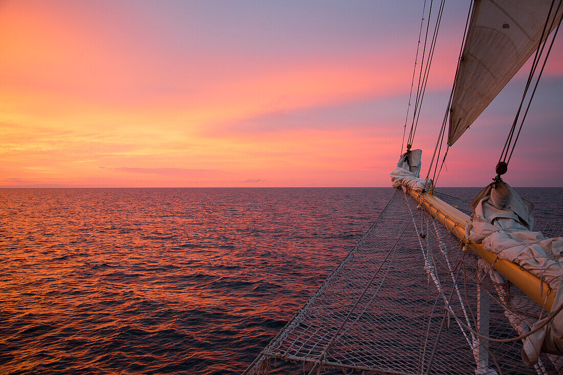 Bowsprit net of sailing cruise ship Star Flyer at sunset, Baltic Sea, Latvia, Baltic States, Europe